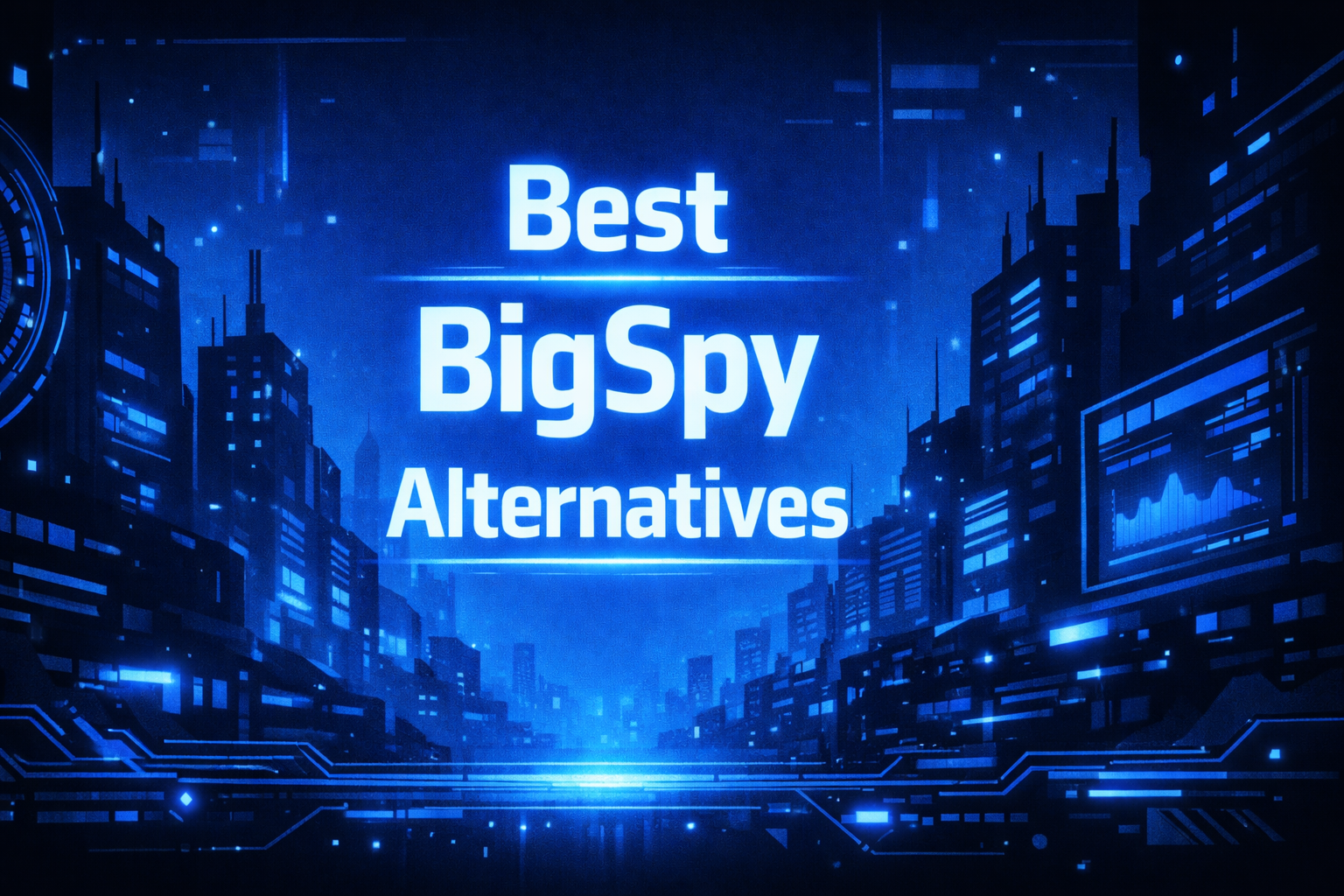 Best BigSpy Alternatives title graphic over a neon-lit blue city street flanked by towering skyscrapers and a glowing data dashboard.