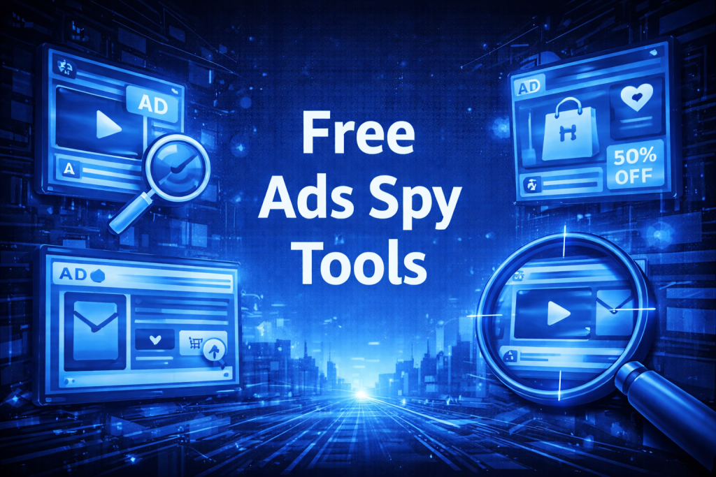 Free Ads Spy Tools title graphic with floating ad previews, magnifying glasses, and ecommerce icons on a blue digital background.