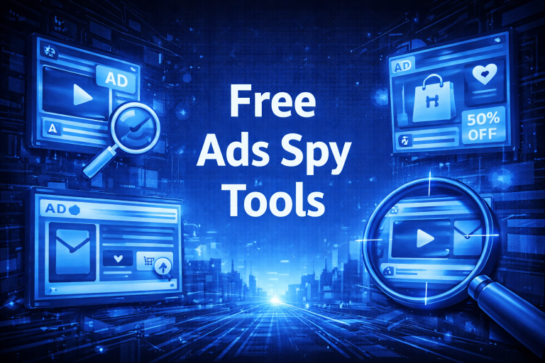 Free Ads Spy Tools title graphic with floating ad previews, magnifying glasses, and ecommerce icons on a blue digital background.