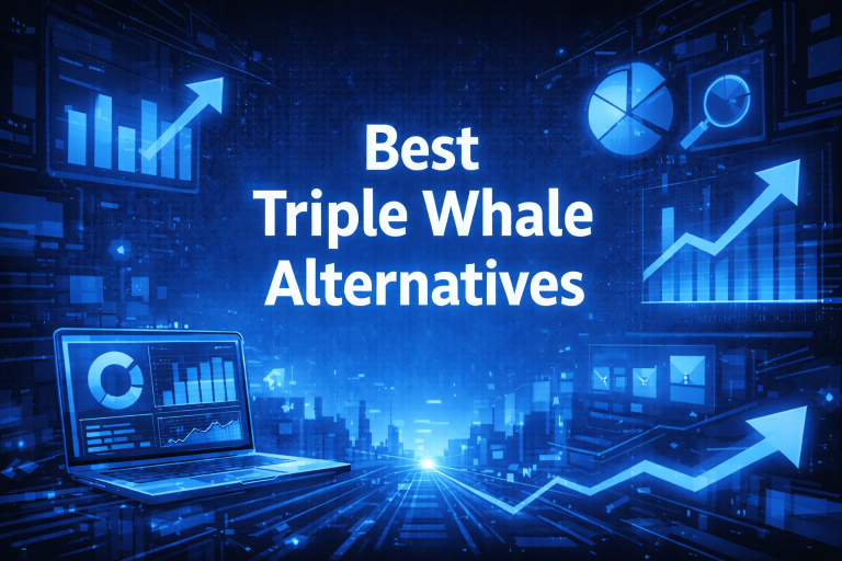 Best Triple Whale Alternatives title graphic with floating analytics charts, growth arrows, and a laptop displaying ecommerce metrics on a blue digital background.