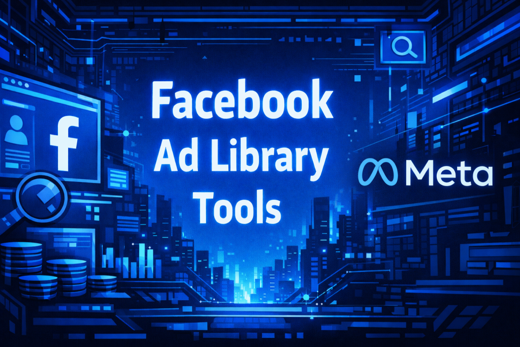 Facebook Ad Library Tools title graphic with the Facebook and Meta logos, a magnifying glass, coin stacks, and a search icon on a blue futuristic urban background.