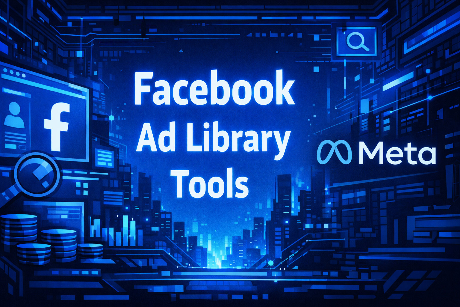 Facebook Ad Library Tools title graphic with the Facebook and Meta logos, a magnifying glass, coin stacks, and a search icon on a blue futuristic urban background.