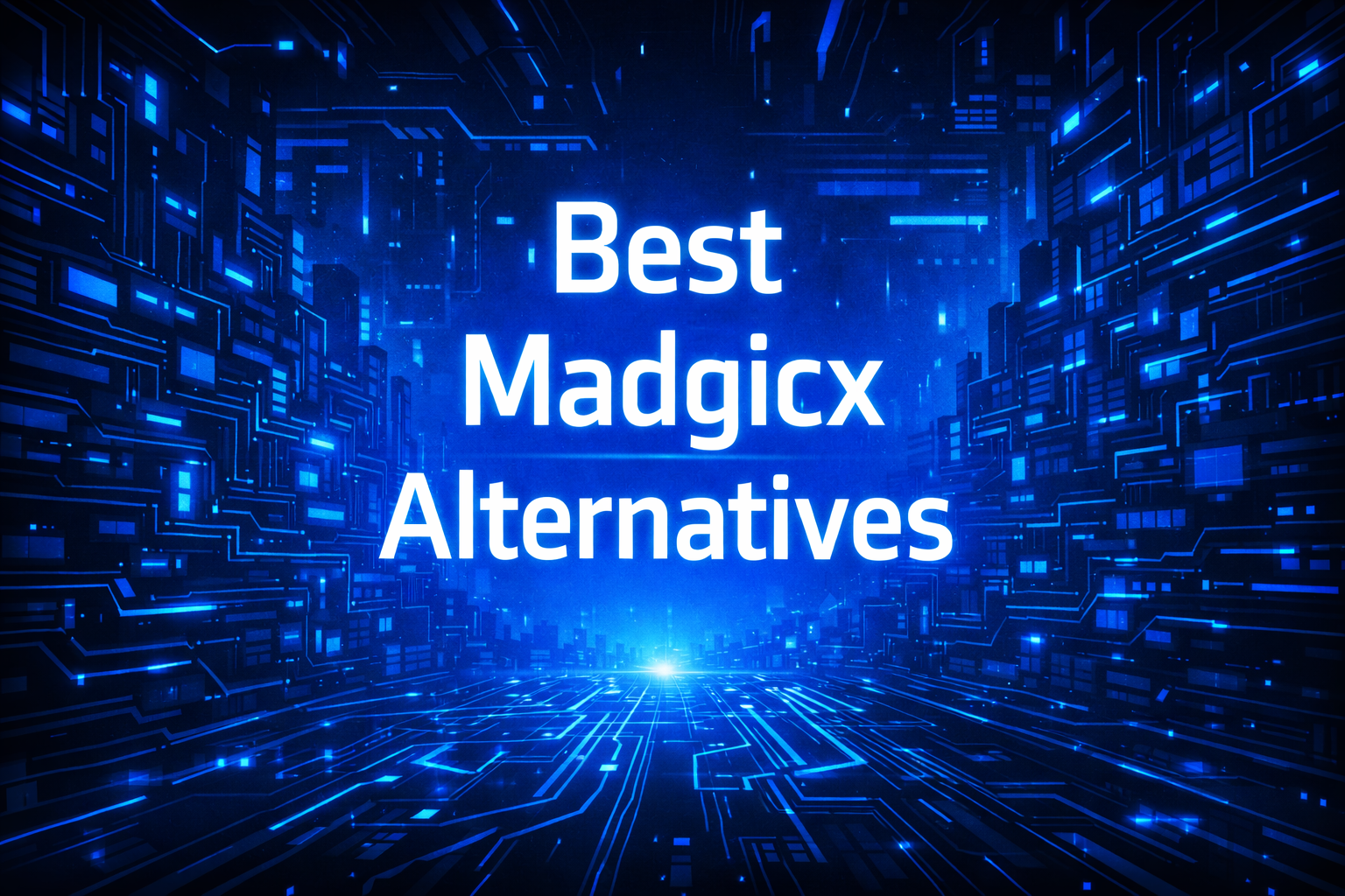 Best Madgicx Alternatives title graphic over a glowing blue tunnel of circuit board walls converging toward a bright vanishing point.