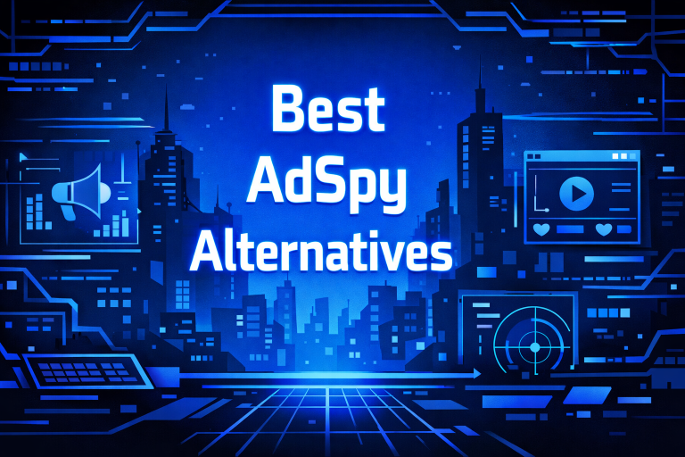 Best AdSpy Alternatives graphic with a megaphone, video ad screen, radar targeting icon, and a blue neon-lit urban skyline.