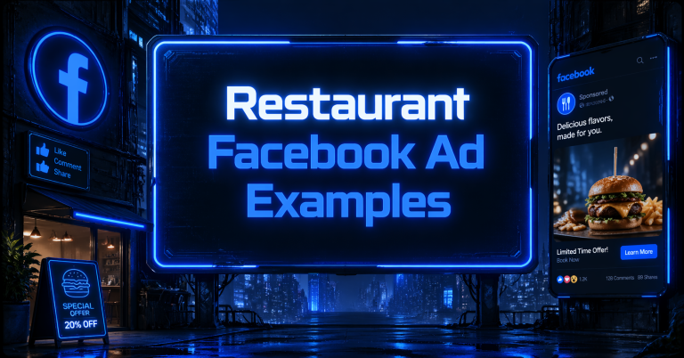 Restaurant Facebook Ad Examples graphic with a burger ad mockup on a smartphone, a 20% off special offer sign, a restaurant storefront, and the Facebook logo.
