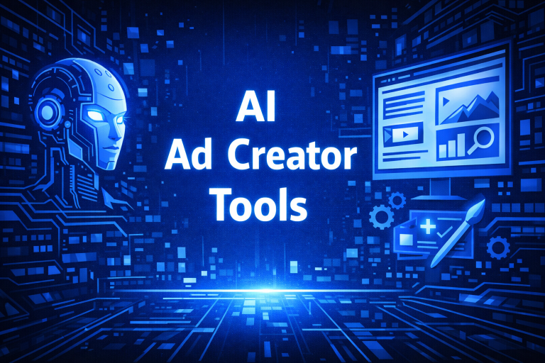 AI Ad Creator Tools graphic with a robot head, a content dashboard screen, a design pen, gear icons, and a glowing blue futuristic corridor background.