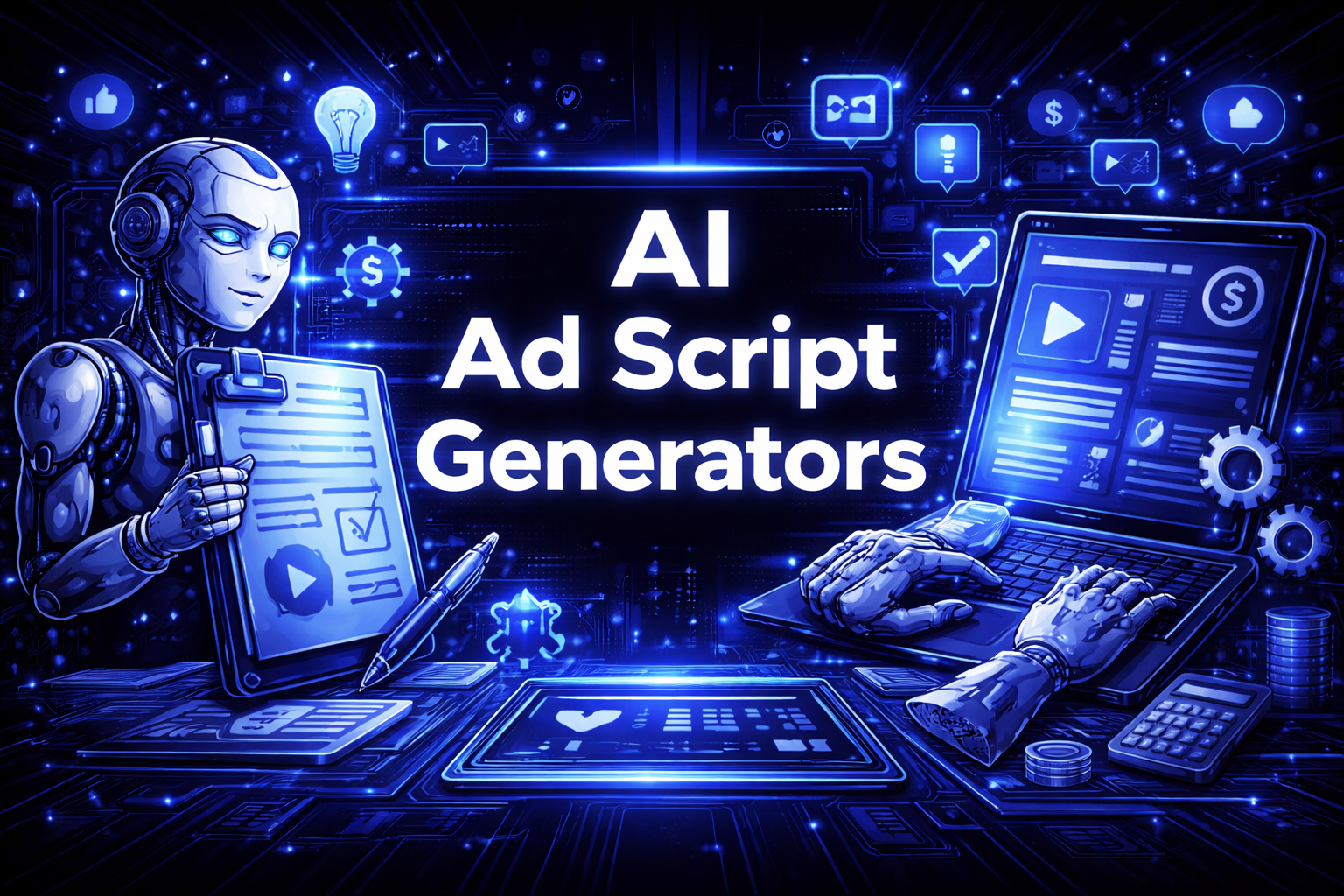 AI ad script generators graphic with a humanoid robot holding a script clipboard and robotic hands typing on a laptop, surrounded by content creation icons.