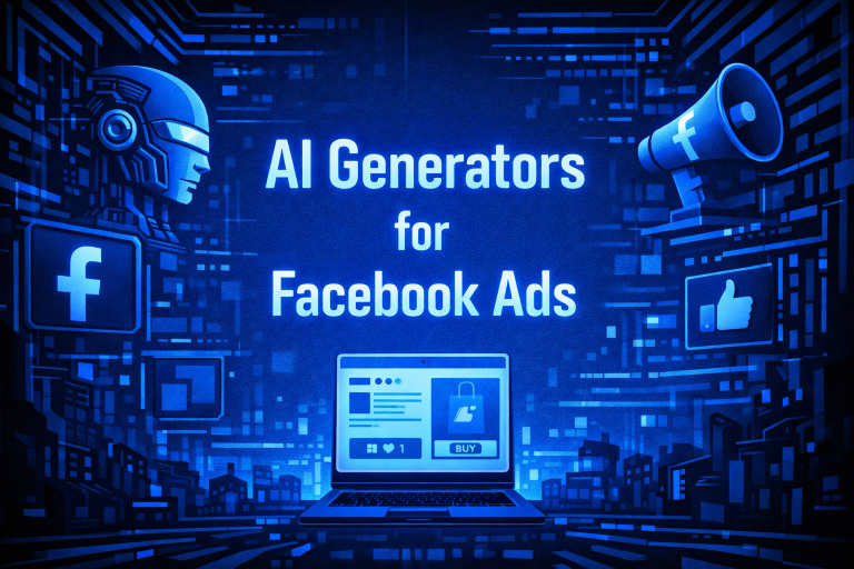 AI Generators for Facebook Ads graphic with a robot head, Facebook megaphone, thumbs up icon, and a laptop showing an ecommerce ad on a blue digital background.