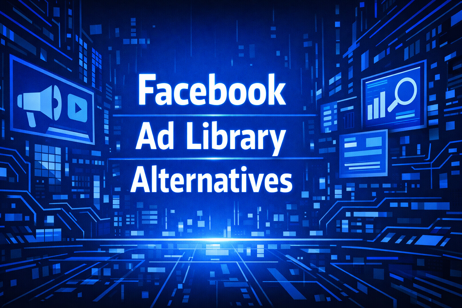 Facebook Ad Library Alternatives graphic with a megaphone, video play icon, analytics screen, and magnifying glass on a blue futuristic corridor background.