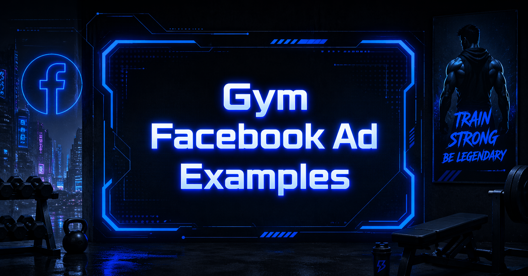 Gym Facebook Ad Examples graphic with dumbbells, a kettlebell, a muscular figure with a motivational poster, and the Facebook logo on a dark neon-lit gym background.