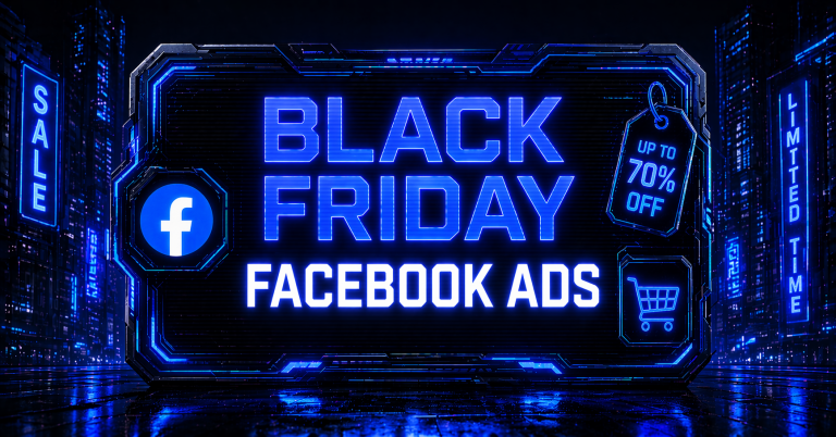 Black Friday Facebook Ads graphic with a Facebook logo, shopping cart, discount price tag, and Sale and Discount signs on a dark urban background.