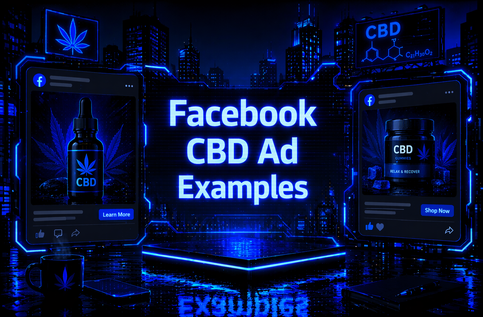 Facebook CBD Ad Examples graphic with two realistic Facebook ad mockups showing CBD oil drops and CBD gummies on a dark neon-lit background.