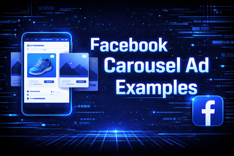 Facebook Carousel Ad Examples graphic with a glowing smartphone displaying product cards alongside the Facebook logo on a dark blue digital background.