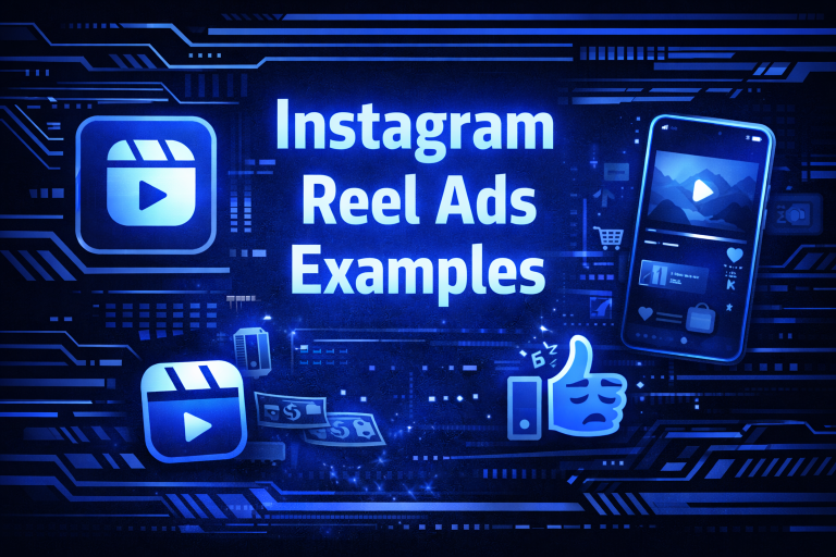 Instagram Reel Ads Examples graphic with a smartphone showing a video feed, Reels icons, a thumbs up, and floating dollar bills on a dark blue digital background.