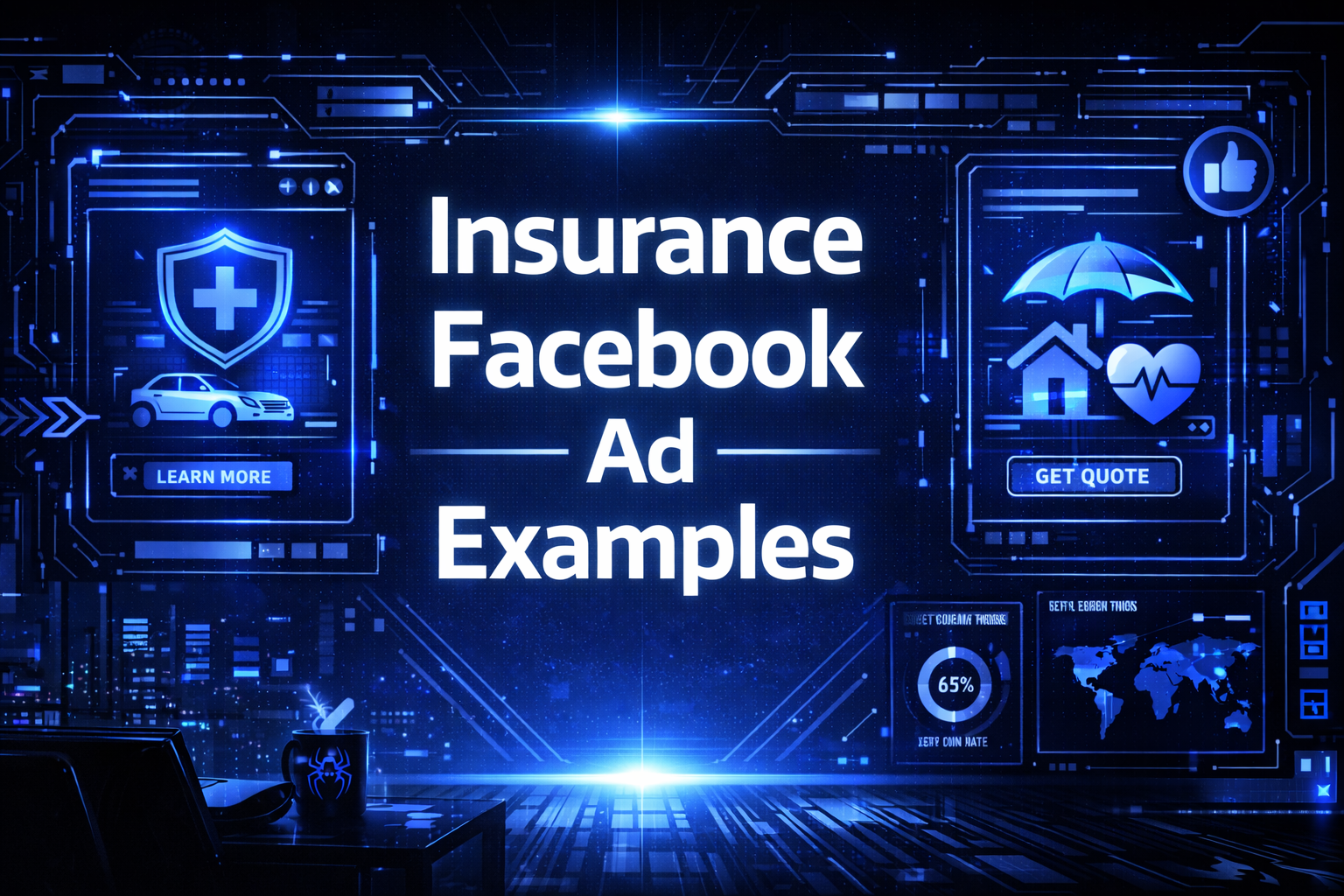 Insurance Facebook Ad Examples graphic with car insurance and home and health insurance ad mockups on a dark blue digital background.