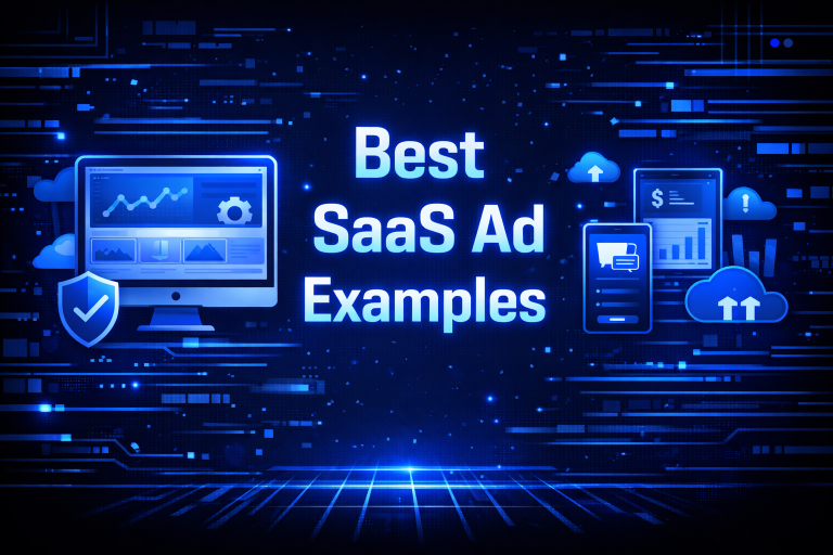 Best SaaS Ad Examples graphic with a desktop analytics dashboard, security shield, mobile screens, cloud upload icons, and a dark blue digital background.