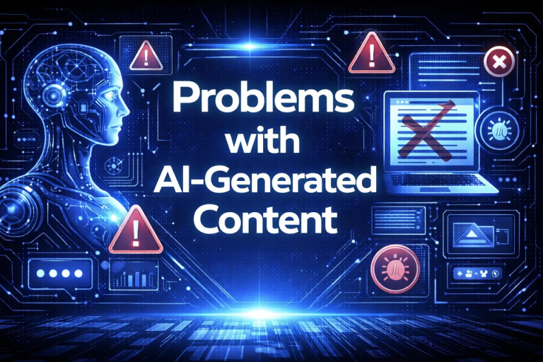 Problems with AI-Generated Content graphic with a humanoid robot, red warning triangles, a crossed-out document on a laptop, and error icons on a blue digital background.