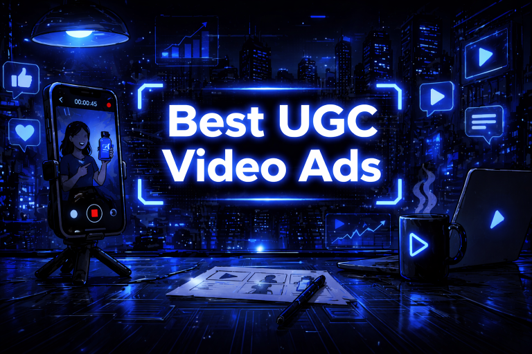 Best UGC Video Ads title graphic with a smartphone on a tripod recording a female creator holding a product, a storyboard on a desk, and floating engagement icons.