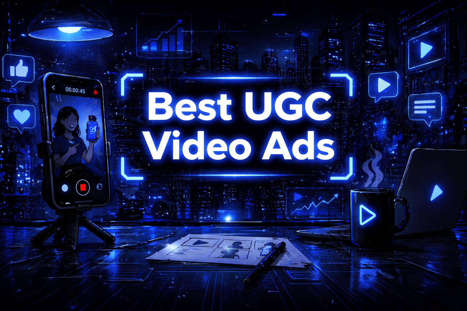 Best UGC Video Ads title graphic with a smartphone on a tripod recording a female creator holding a product, a storyboard on a desk, and floating engagement icons.