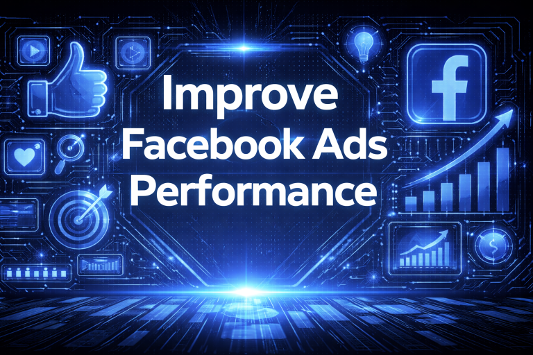 Improve Facebook Ads Performance graphic with a thumbs up, targeting bullseye, growth charts, Facebook logo, and a rising arrow on a dark blue digital background.