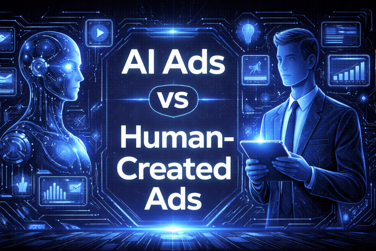 AI Ads vs Human-Created Ads comparison graphic with a humanoid robot facing a suited businessman holding a tablet on a dark blue digital background.