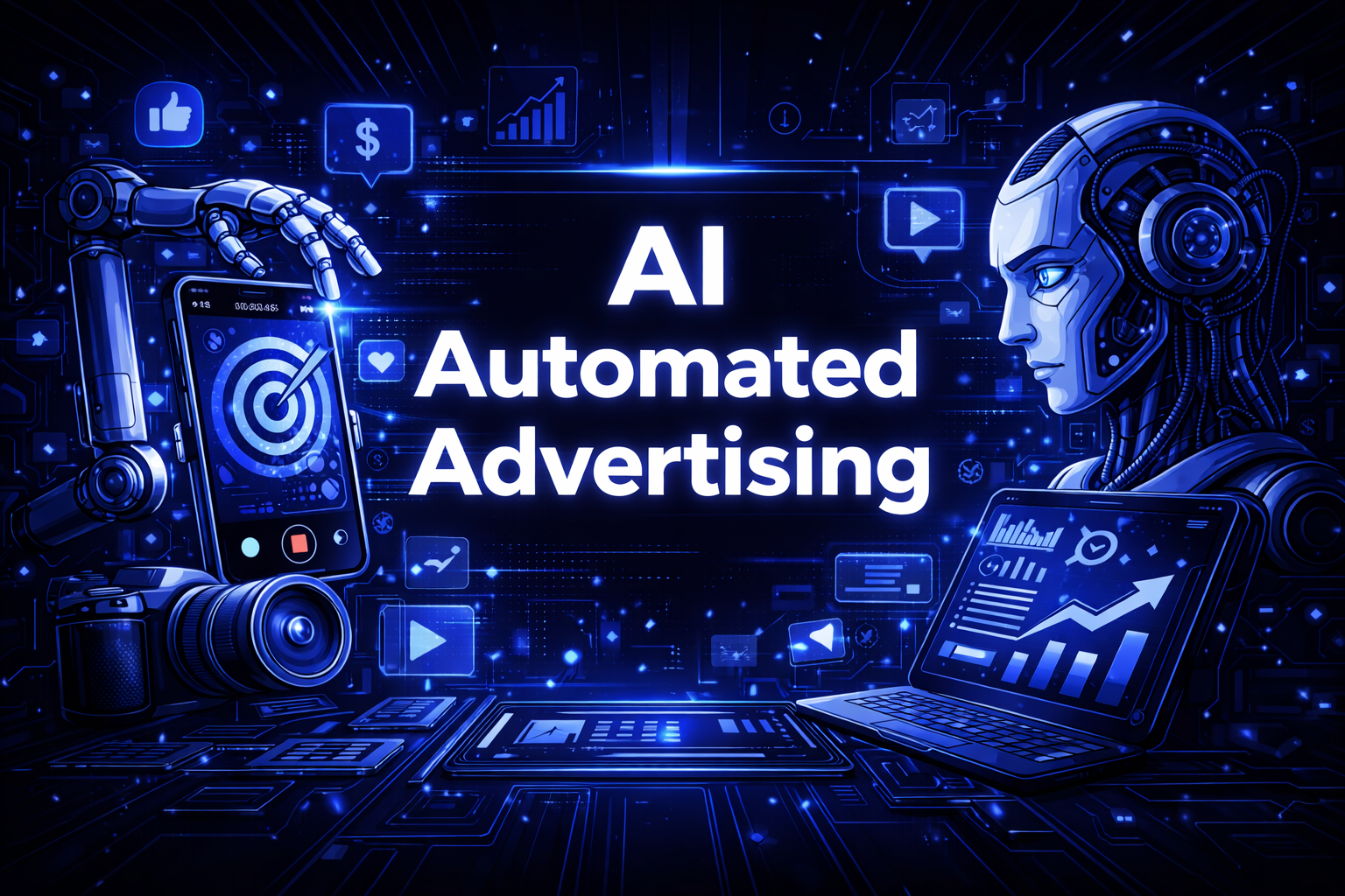 AI Automated Advertising graphic with a humanoid robot, a robotic arm holding a smartphone, a camera, and a laptop showing analytics on a dark blue digital background.