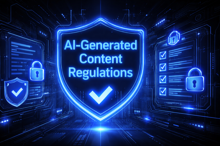 AI-Generated Content Regulations graphic with a glowing security shield, padlocks, and a compliance checklist on a dark blue digital background.