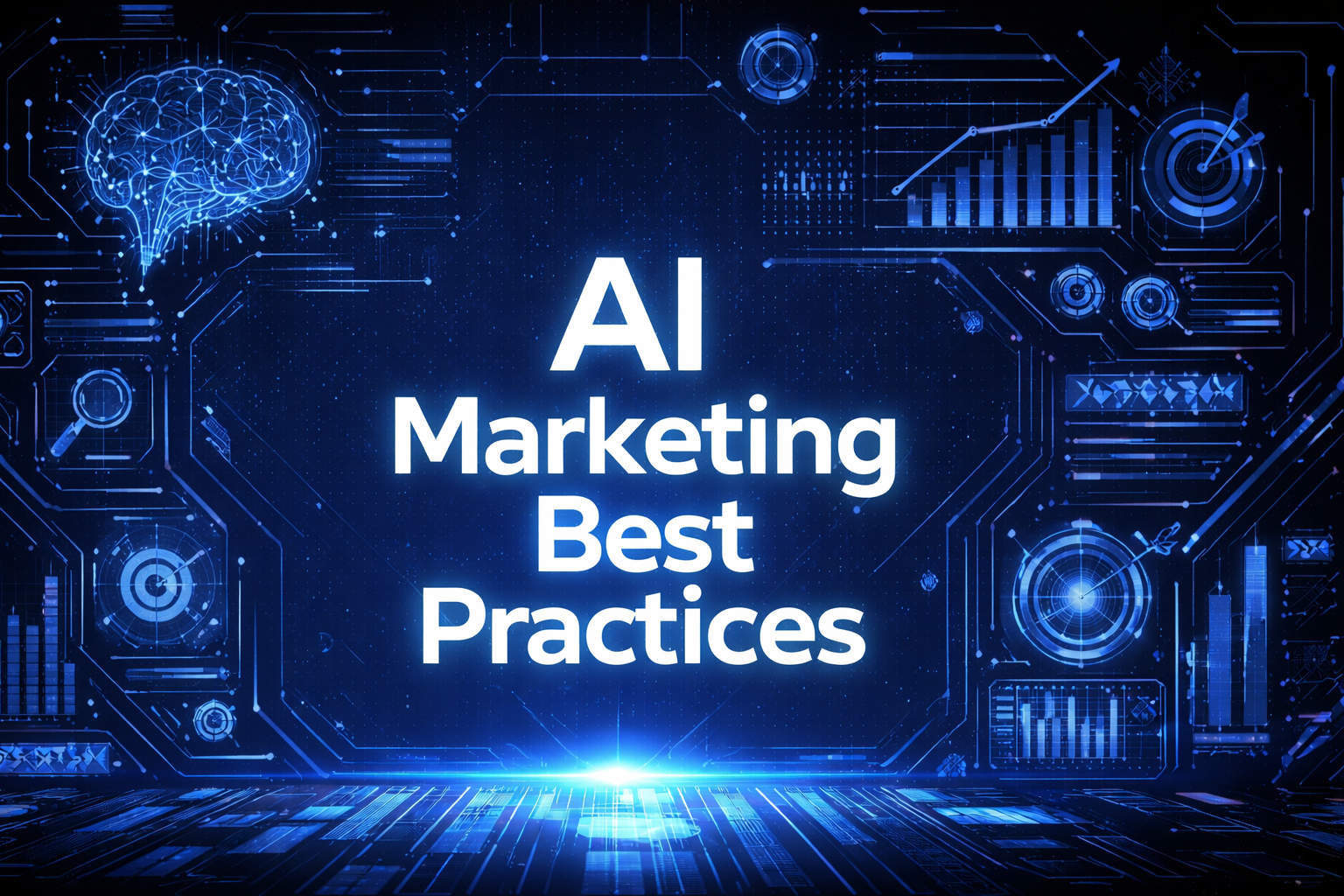 AI Marketing Best Practices graphic with a glowing digital brain, bar charts, targeting reticles, and radar displays on a dark blue circuit board background.