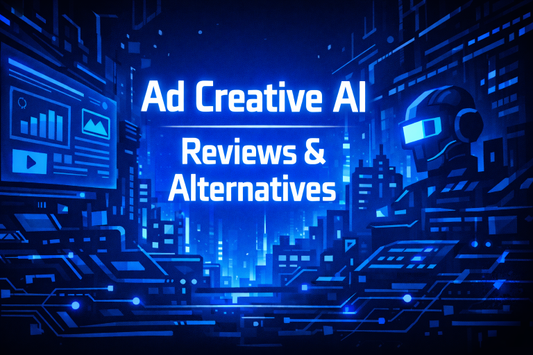 Ad Creative AI Reviews and Alternatives graphic with a robot head, ad creative screens, and a glowing blue futuristic city street.