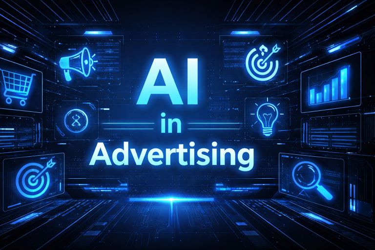 AI in Advertising graphic with a megaphone, shopping cart, targeting bullseyes, lightbulb, magnifying glass, and bar chart icons.