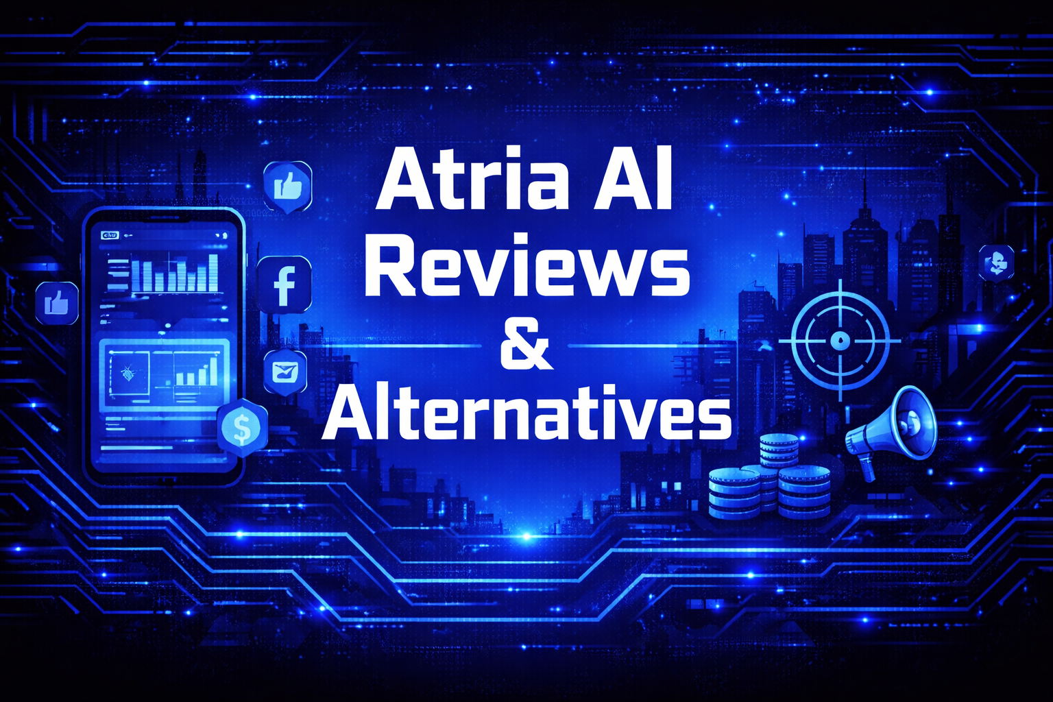 Atria AI Reviews and Alternatives graphic with a smartphone showing ad analytics, social media icons, and a targeting reticle on a blue digital background.