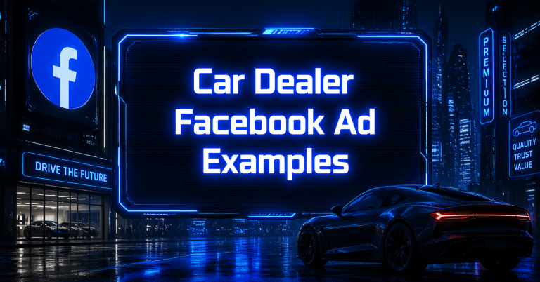 Car Dealer Facebook Ad Examples graphic with a sleek sports car, a neon-lit dealership storefront, the Facebook logo, and Premium Selection signage on a dark rainy street.