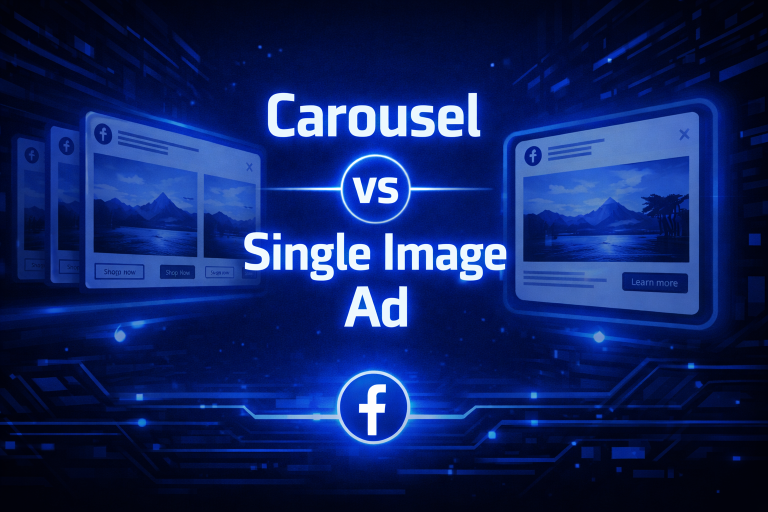 Carousel vs Single Image Ad comparison graphic showing Facebook ad format mockups on both sides with the Facebook logo on a blue digital background.