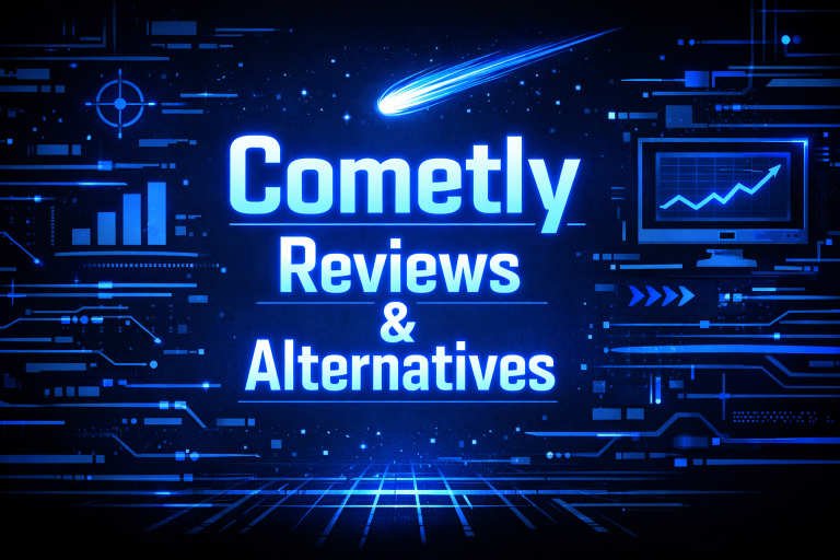 Cometly Reviews and Alternatives graphic with a shooting comet, bar charts, a growth chart monitor, and circuit board patterns on a dark blue digital background.