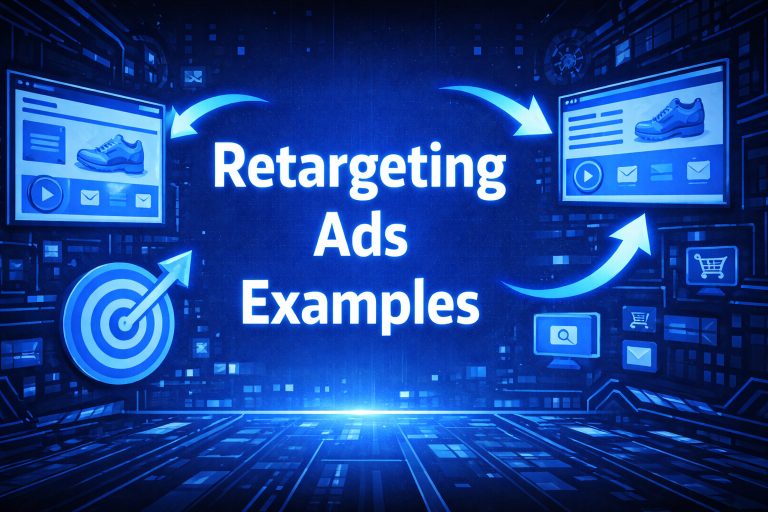 Retargeting Ads Examples graphic with two sneaker product ad screens connected by circular arrows, a targeting bullseye, and ecommerce icons.