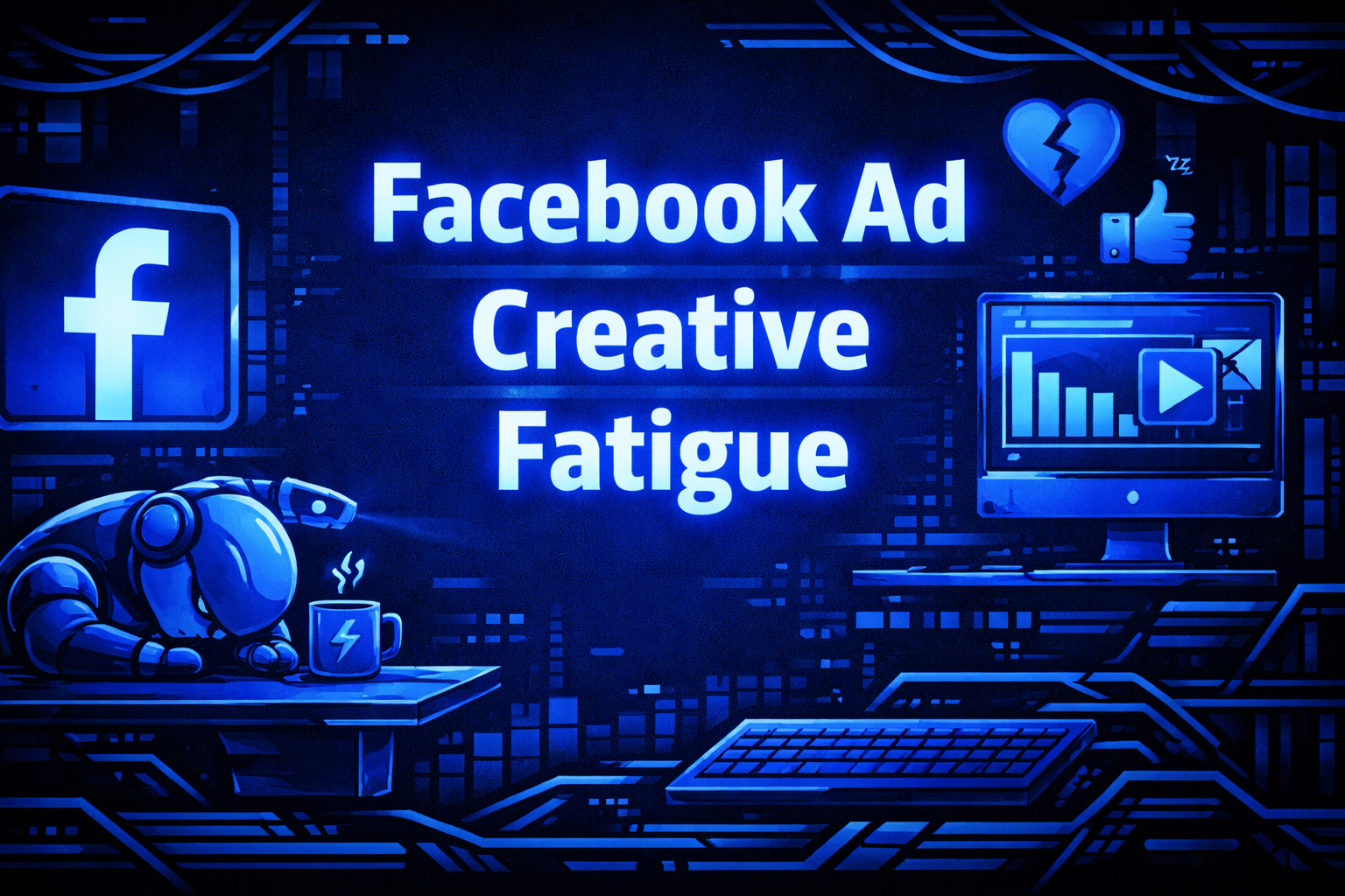 Facebook Ad Creative Fatigue graphic with a tired robot slumped over a desk beside a coffee mug, a declining analytics monitor, a broken heart icon, and the Facebook logo.