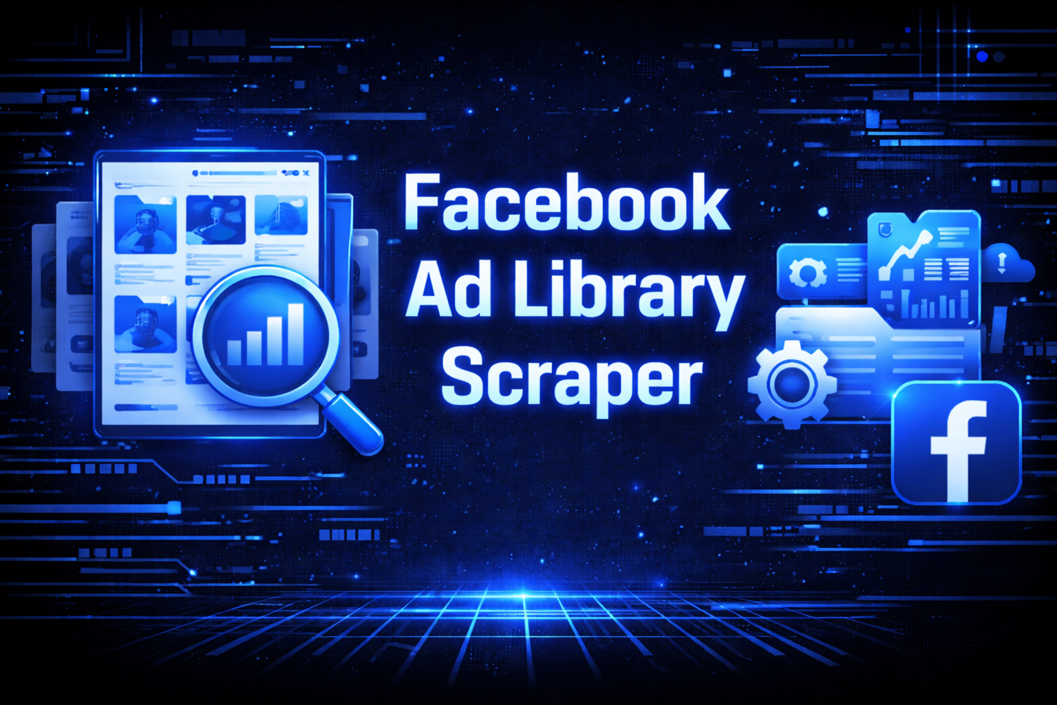 Facebook Ad Library Scraper graphic with a magnifying glass over ad listings, analytics icons, a gear, and the Facebook logo on a dark blue digital background.