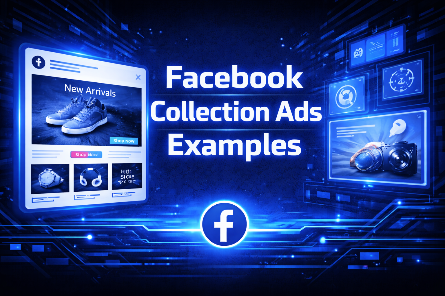 Facebook Collection Ads Examples graphic with a product storefront mockup featuring sneakers and accessories on a blue digital background.