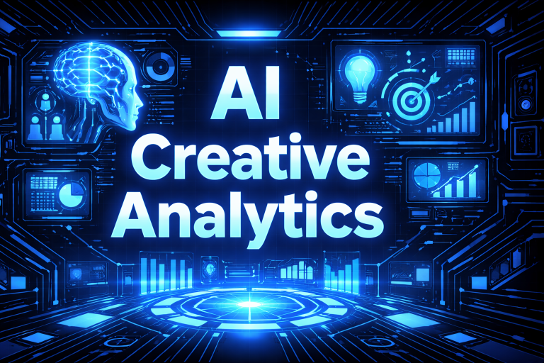 AI Creative Analytics graphic with a digital brain, multiple analytics dashboards showing charts, a lightbulb, and a targeting bullseye on a dark blue digital background.