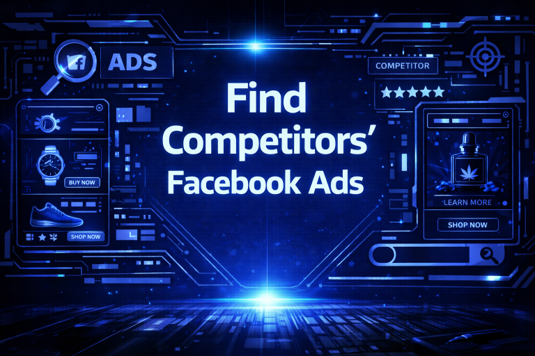 Find Competitors' Facebook Ads graphic with product ad mockups, a magnifying glass, and a competitor rating panel on a blue digital background.