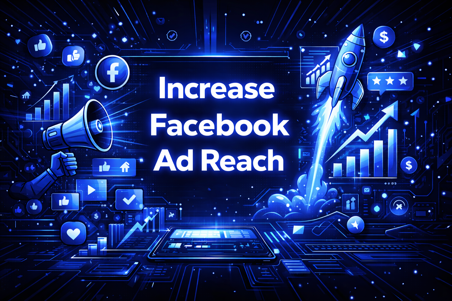 Increase Facebook Ad Reach title graphic with a rocket, megaphone, growth charts, thumbs up, and Facebook engagement icons on a dark blue digital background.