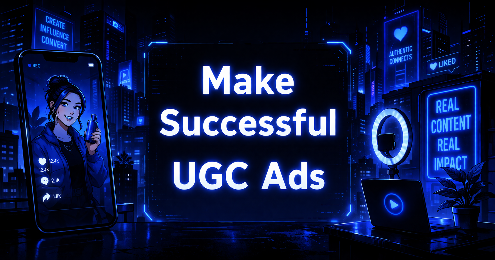 Making a successful UGC ad title graphic with a smartphone showing a female creator holding a product, a ring light, laptop, and neon-lit city billboards on a dark blue background.