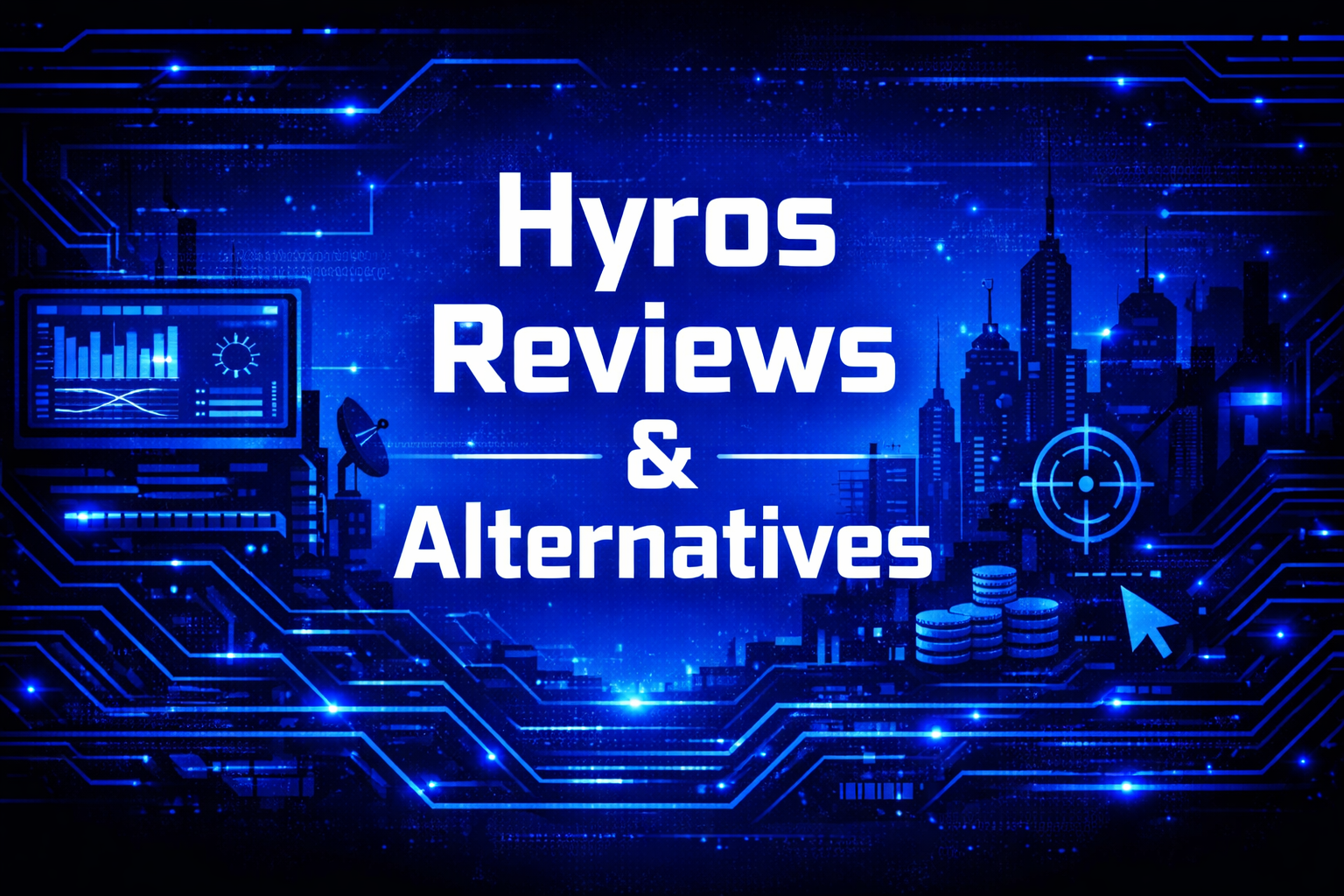 Hyros Reviews and Alternatives graphic with an analytics monitor, satellite dish, coin stacks, a targeting reticle, and circuit board patterns on a blue digital background.