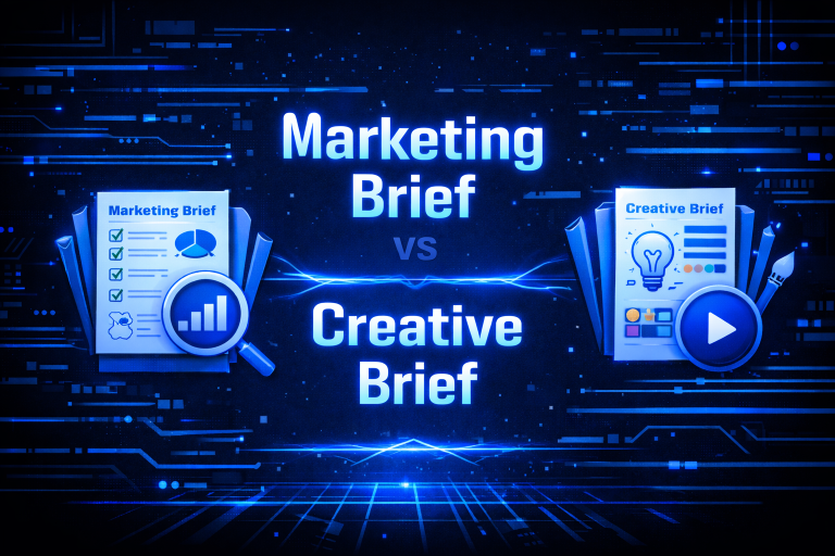 Marketing Brief vs Creative Brief comparison graphic with a checklist document and analytics magnifier on the left facing a lightbulb brief and play button on the right.