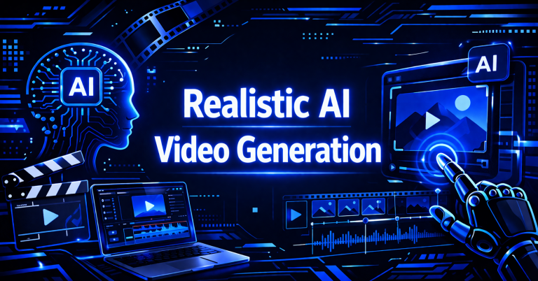 Realistic AI Video Generation graphic with an AI human head, robotic hand, film clapperboard, video editing laptop, and a glowing video timeline on a blue digital background.