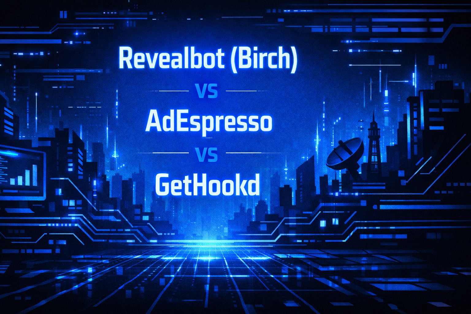 Revealbot (Birch) vs AdEspresso vs GetHookd comparison graphic set against a blue neon-lit skyline with a satellite dish and analytics screen.