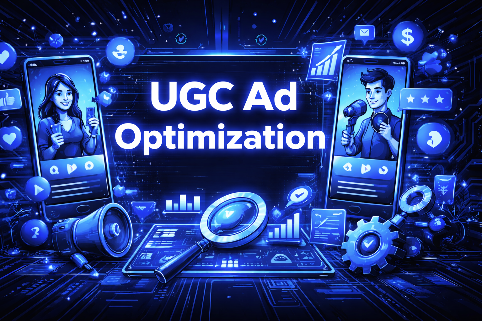 UGC Ad Optimization graphic with two creators on smartphones flanked by a magnifying glass, megaphone, analytics charts, and gear icons.