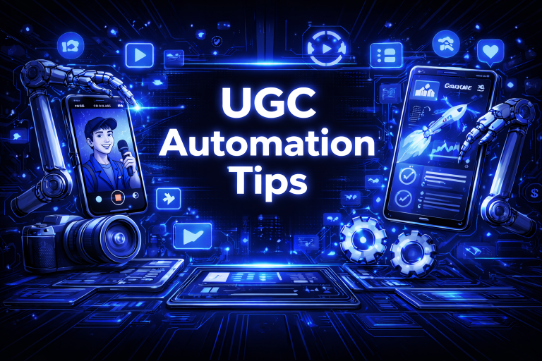 GC automation tips graphic with robotic arms holding smartphones showing a creator and analytics dashboard, gear icons, and a camera on a dark blue digital background.