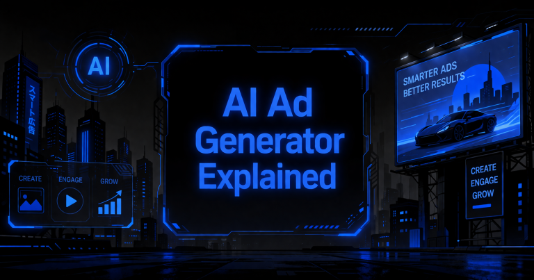 I Ad Generator Explained graphic with a neon-lit urban backdrop, a car billboard, and an AI badge on a dark futuristic street scene.