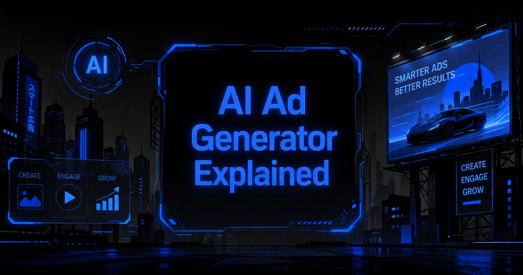 I Ad Generator Explained graphic with a neon-lit urban backdrop, a car billboard, and an AI badge on a dark futuristic street scene.